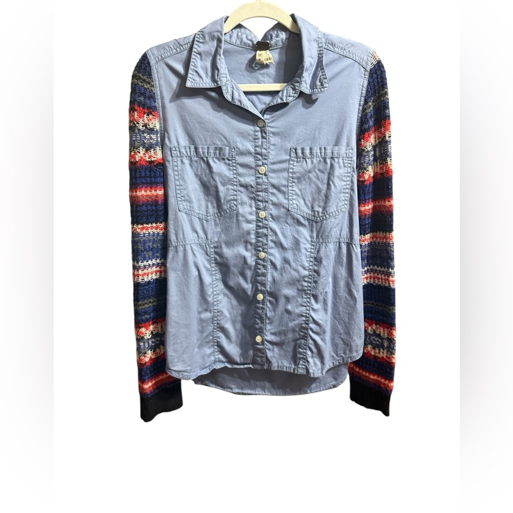 We the Free Chambray Denim Fair Isle Sweater Knit Sleeves Top Eclectic Indie Med